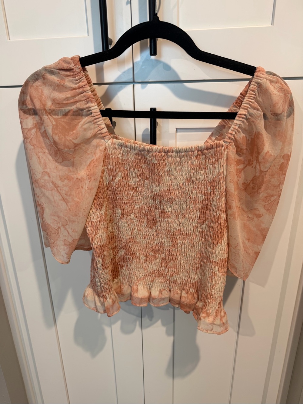 Peach Floral Top with Sheer Puff Sleeves